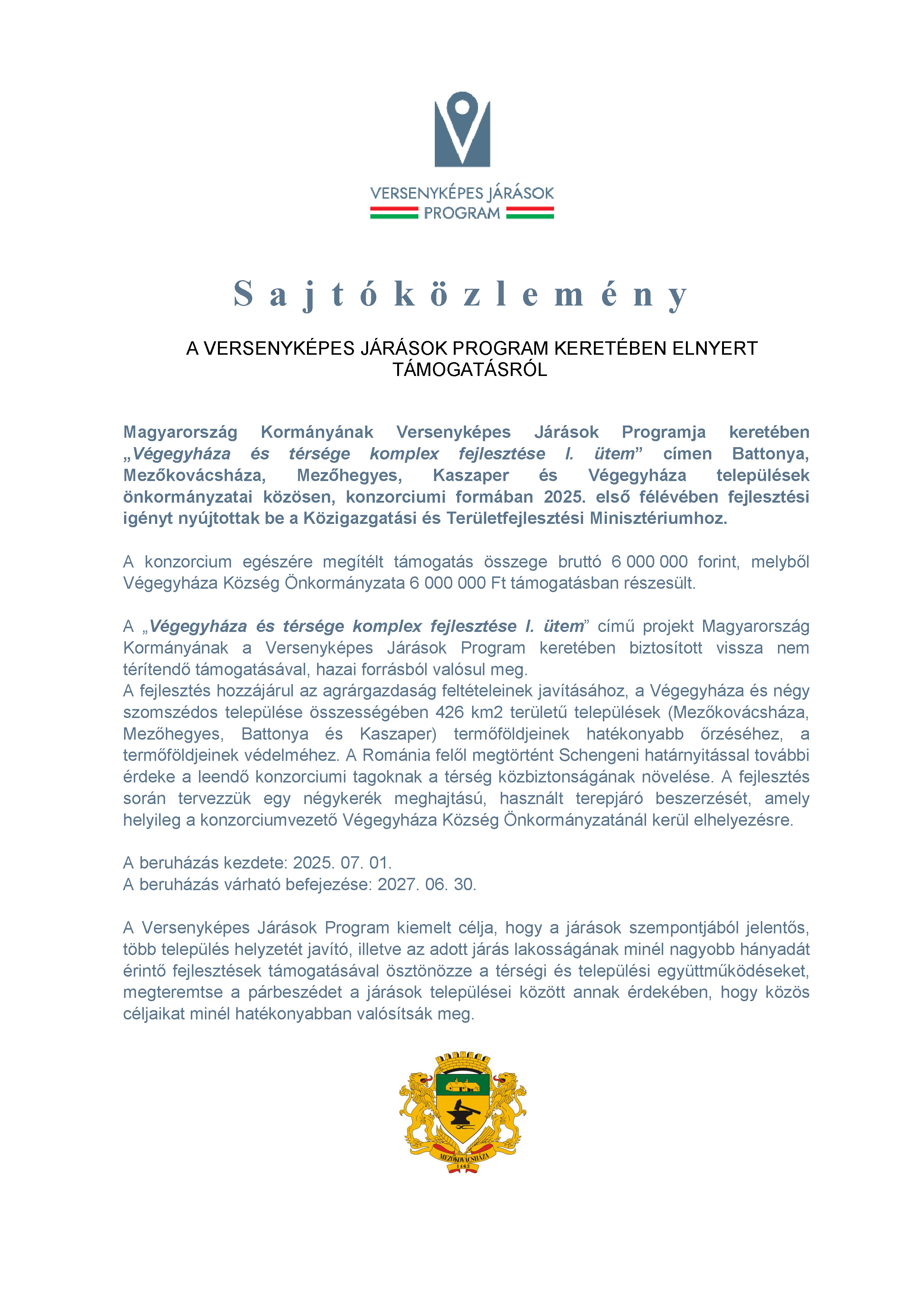 Mezőkovácsháza közlemény